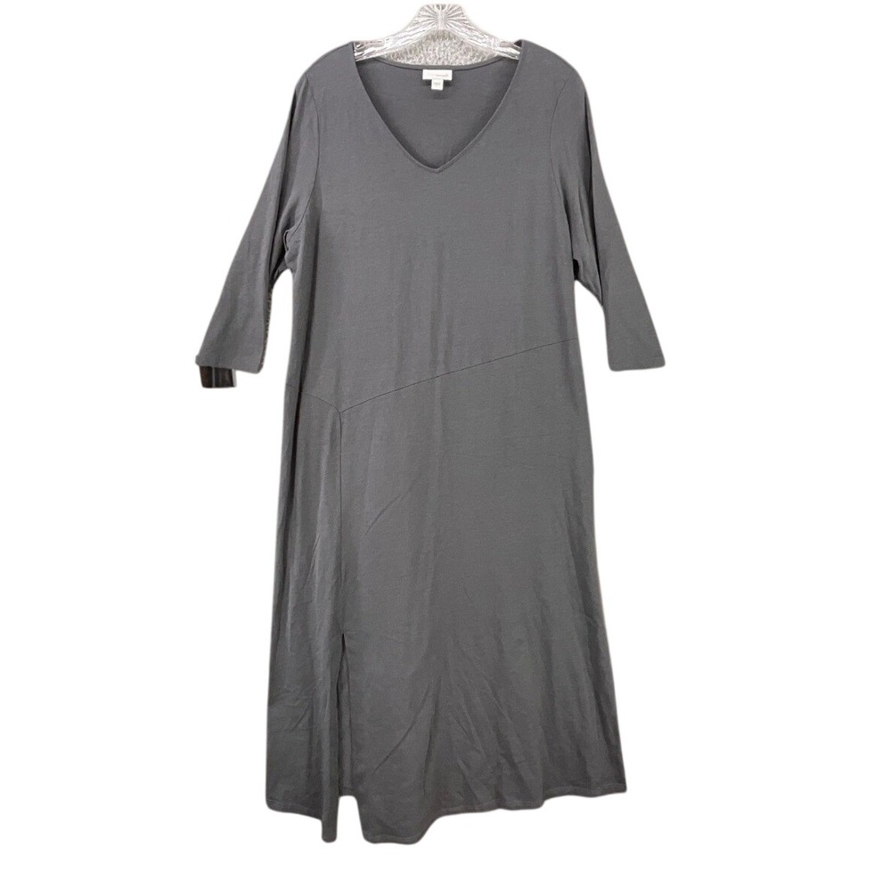 Pure Jill Dress Womens L Gray Maxi V Neck 3/4 Sleeve Side Slit Soft Jersey
